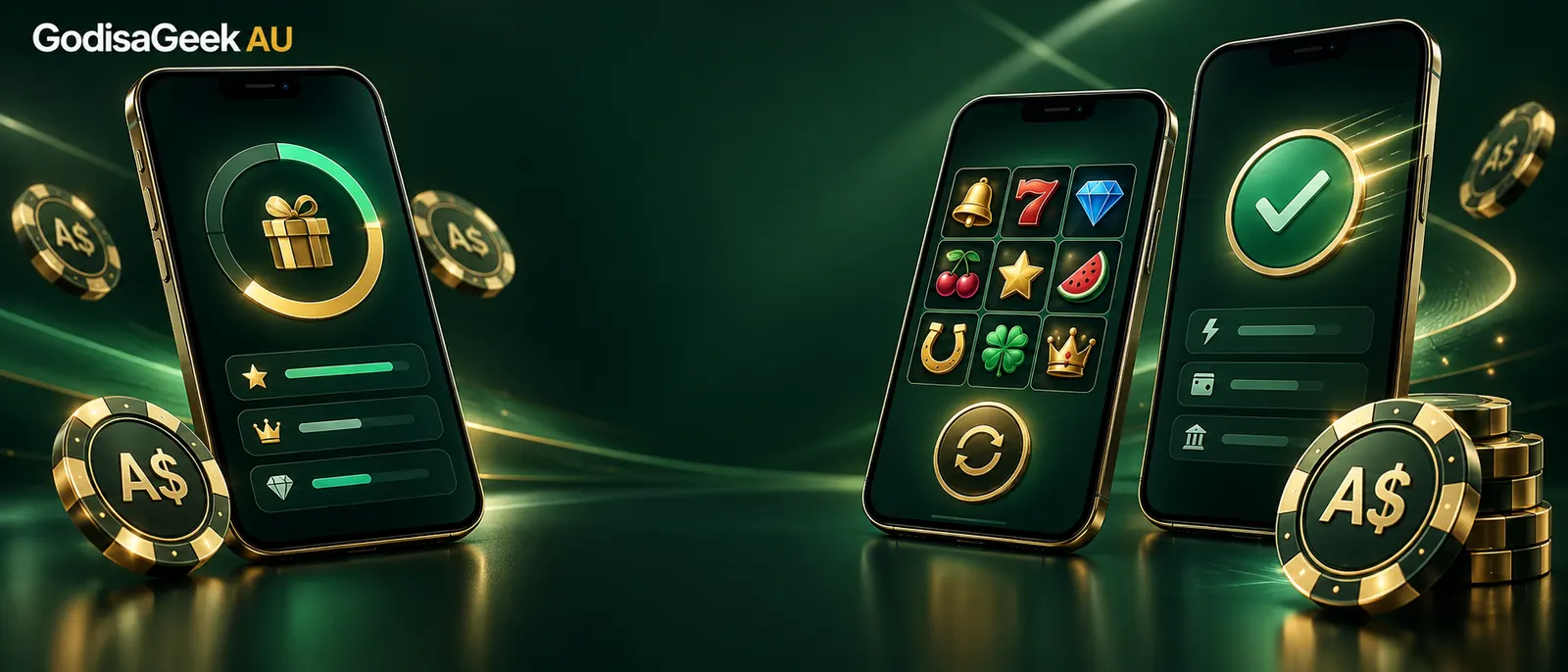 GodisaGeek AU bonus, pokies and payout app interface marketing banner