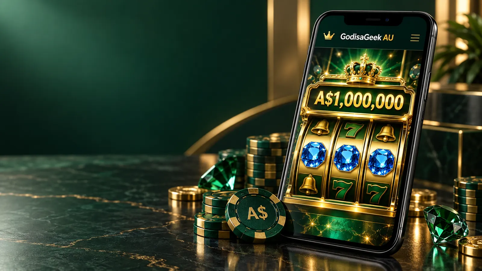 GodisaGeek AU phone slot interface mockup showing an illustrative A$1,000,000 jackpot